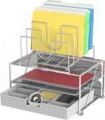 DecoBros Mesh Desk Organizer with Double Tray, 5 Stacking Sorter Sections and Sliding Drawer, Black